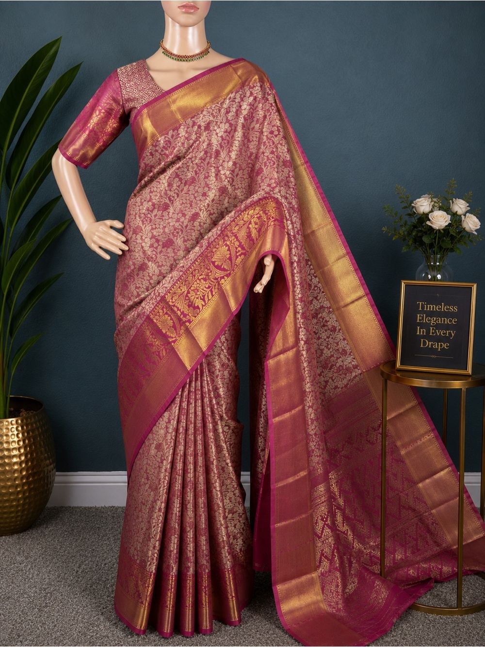 Brand new Elegant Magenta and Gold Woven Saree with stitched blouse (34” - 42”)
